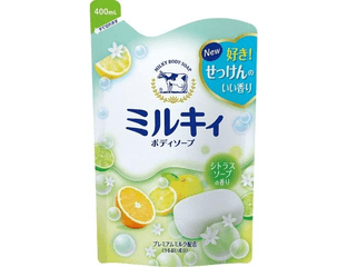 Cow Brand Milky body soap Жидкое мыло для тела с керамидами и молочными протеинами аромат цитрусовых 400 мл запасной блок — фото 1