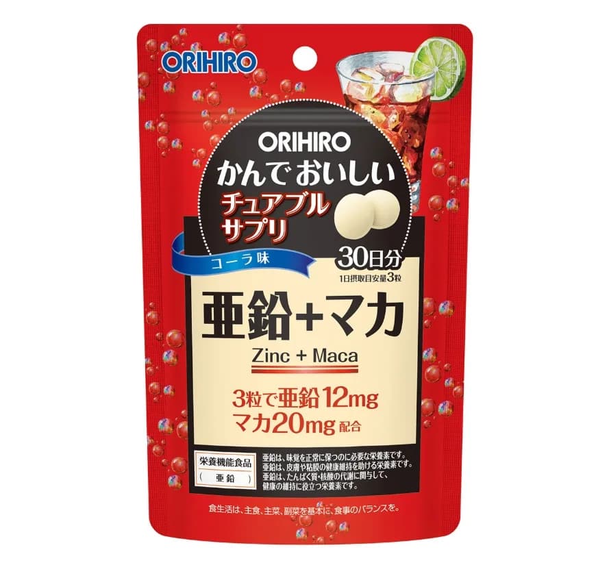 Orihiro Zinc+Maca Жевательные витамины с цинком и макой перуанской, со вкусом колы 90 таблеток на 30 дней — фото 1